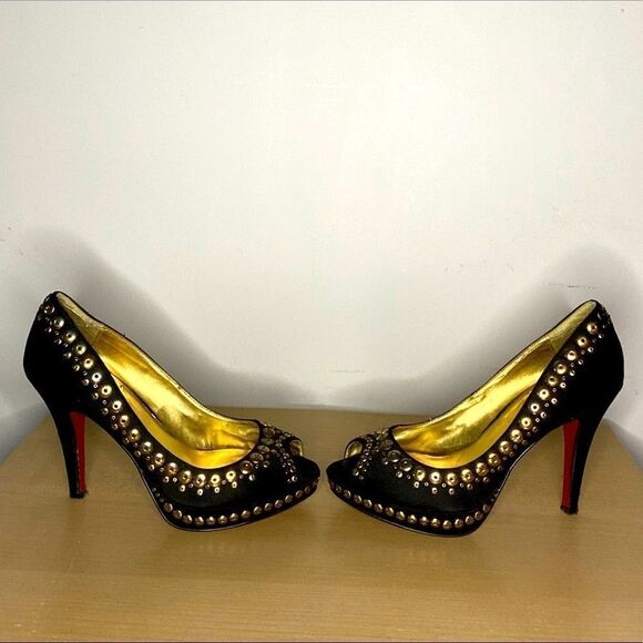 🌷le Chateau🌷Gorgeous Black Rhinestone Studded Pumps With Red Sole Gold Insole  - Picture 3 of 9